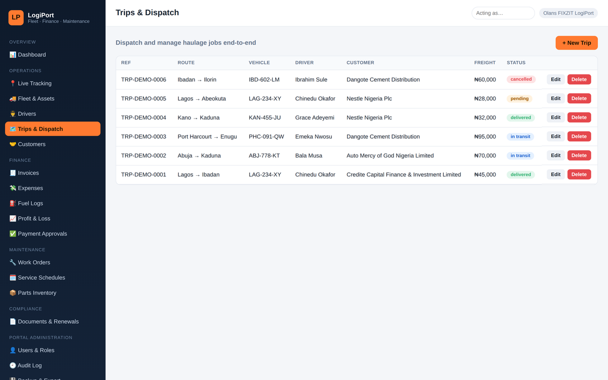 Trips & dispatch — haulage jobs from booking to delivery