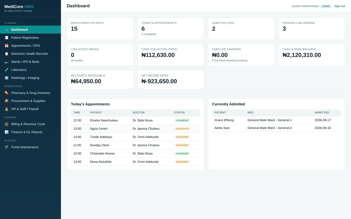 MediCore HMS — Medical Center Management Portal