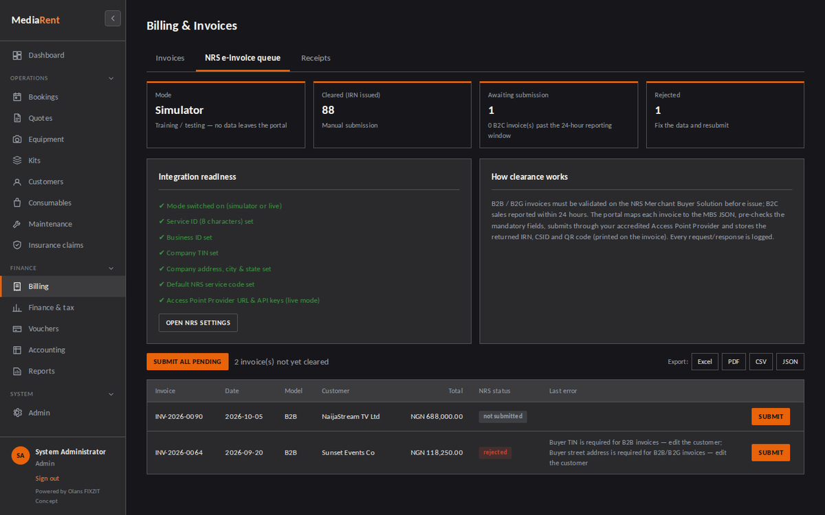 NRS e-invoice queue: readiness checks, cleared and rejected invoices