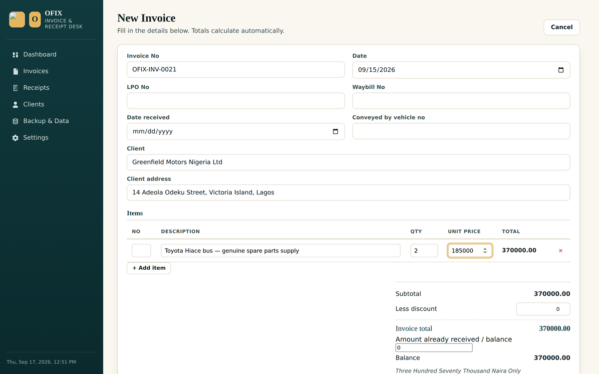 New invoice with live totals and amount-in-words