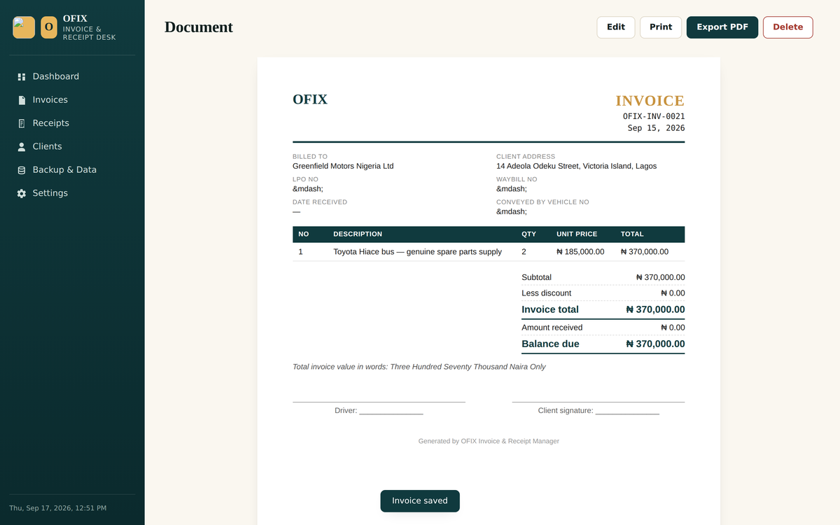 Print/PDF-ready invoice preview