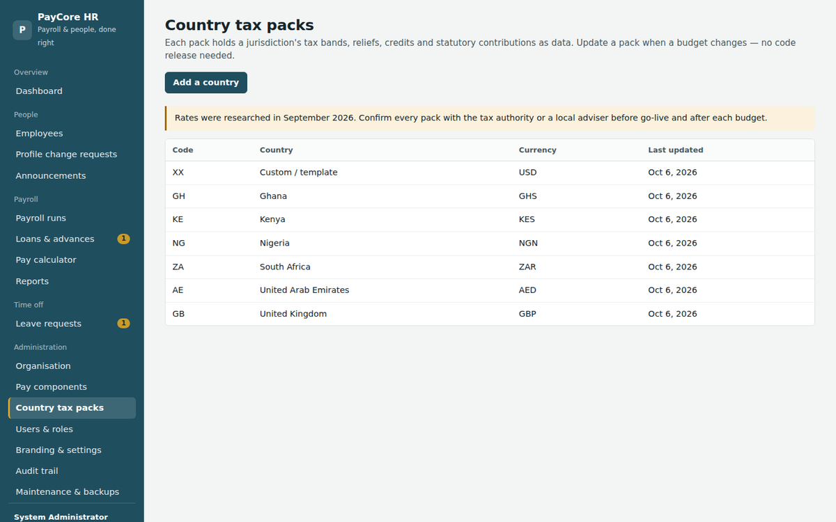 Country tax packs held as editable data