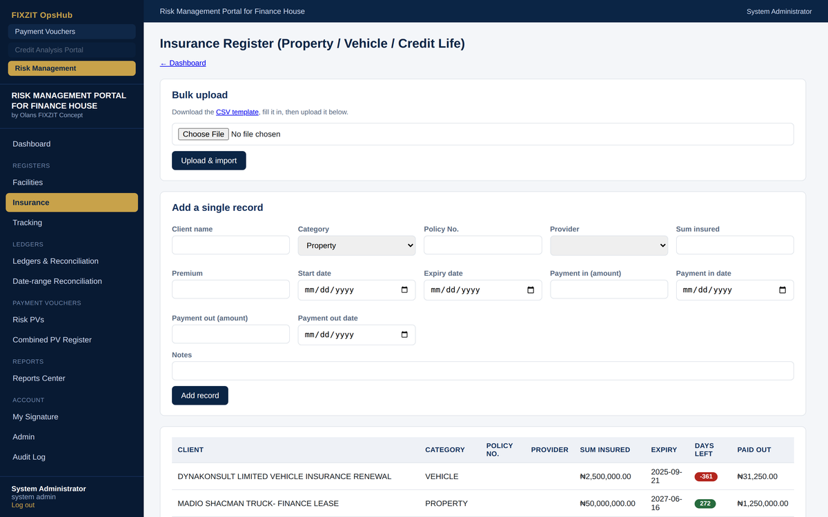 Insurance register with bulk CSV upload